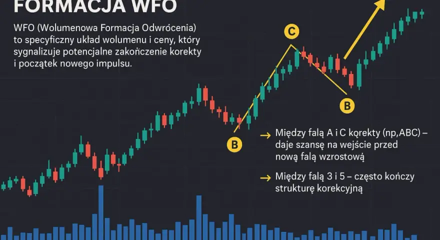 Wykres świecowy z formacją WFO, wskazującą na odwrócenie trendu. Unikaj wash trading, analizując wolumen i cenę.