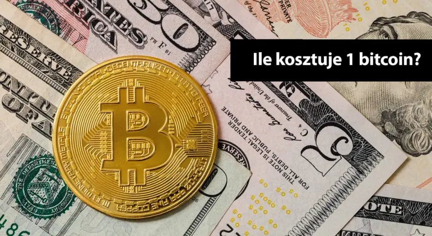 Złoty symbol bitcoina leży na stosie banknotów dolarowych. Pytanie brzmi: "Ile kosztuje 1 bitcoin?".