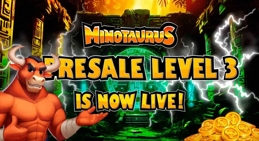 Minotaur z monetami, zapraszający do "Minotaurus Resale Level 3 Is Now Live!".