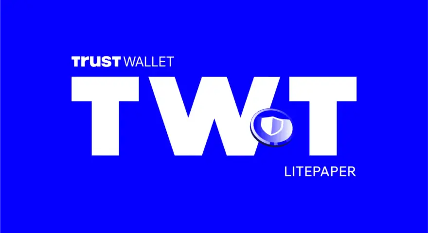 Trust Wallet TWT token z tarczą i napisem Litepaper na niebieskim tle.