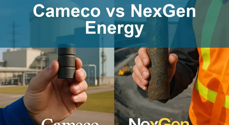 Porównanie materiałów: Cameco vs NexGen Energy. Ręka trzymająca próbkę uranu od Cameco na tle elektrowni jądrowej. Druga ręka trzymająca rudę od NexGen Energy na tle kopalni.