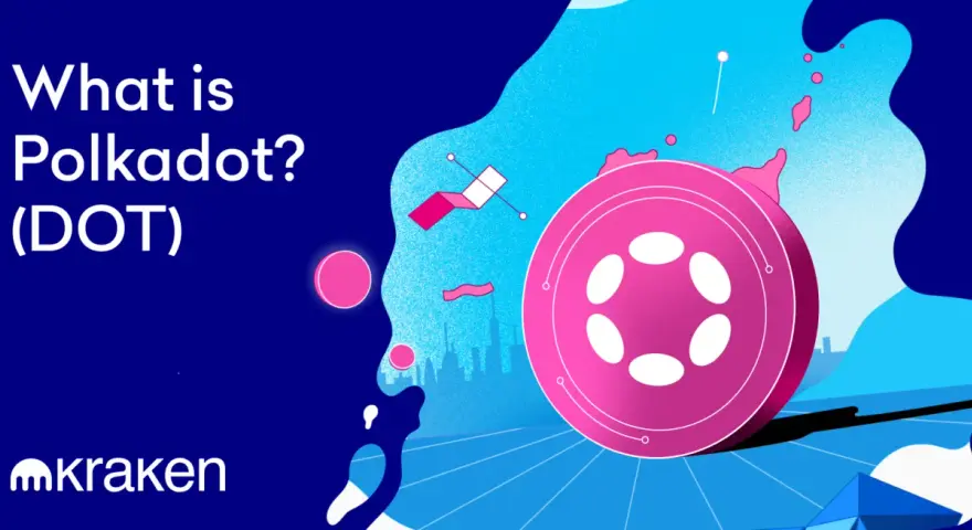 Co to Polkadot (DOT)? Grafika przedstawia dużą, różową monetę z białymi elipsami, symbolizującą kryptowalutę. W tle widać abstrakcyjny krajobraz miejski i elementy nawiązujące do technologii.