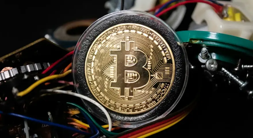 Złoty Bitcoin w otoczeniu kabli i elektroniki, symbolizujący darmowe kopanie kryptowalut.