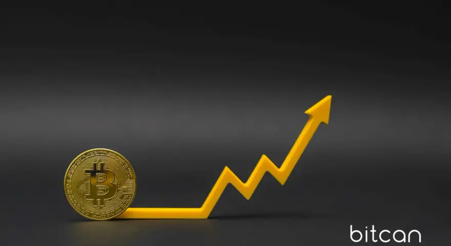 Złoty bitcoin i żółty wykres wzrostu symbolizują rosnącą wartość, przypominając, ile kosztował bitcoin w 2013 roku i jak bardzo się zmienił.