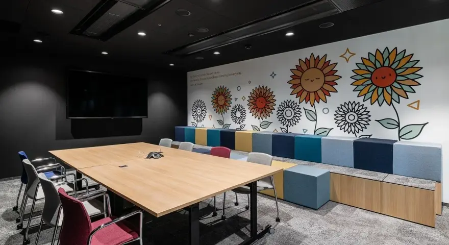 Nowoczesny trading room z dużym stołem, krzesłami i kolorową ścianą z motywem słoneczników.