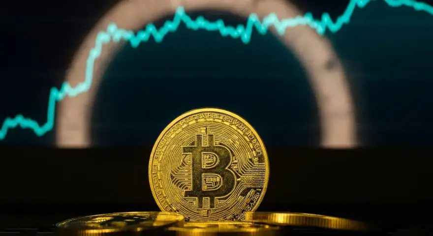 Złoty bitcoin na tle wykresu. Kto by pomyślał, ile kosztował bitcoin w 2010 roku, patrząc na ten wzrost!