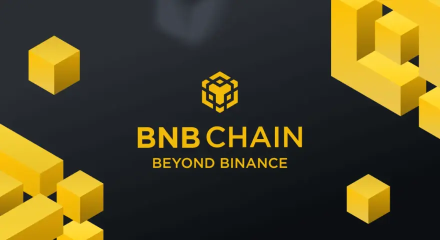 Żółte, geometryczne kształty otaczają logo BNB CHAIN. To wizualizacja przyszłości zdecentralizowanych technologii.