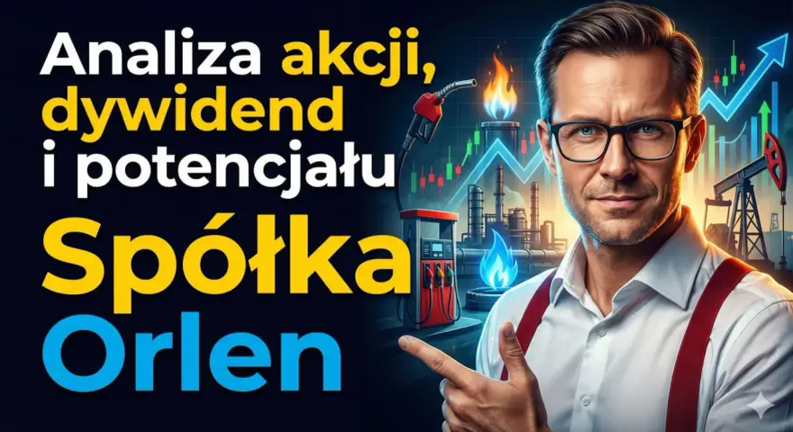 Analiza akcji Orlen: dywidendy i potencjał wzrostu. Mężczyzna w okularach wskazuje na wykresy giełdowe i rafinerię.