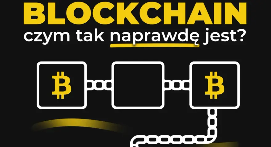 Grafika wyjaśnia, co to blockchain, pokazując połączone bloki z symbolem Bitcoina.