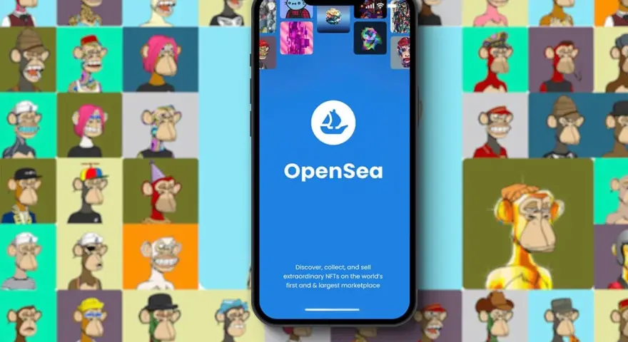 Aplikacja OpenSea na telefonie, otoczona siatką NFT z małpami. Dowiedz się, jak zrobić NFT i zacznij kolekcjonować!
