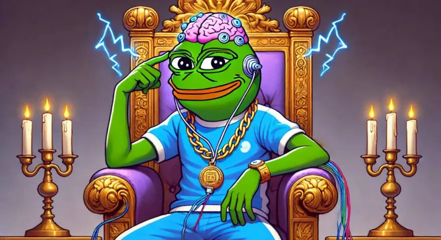 Pepe z mózgiem podłączonym do tronu, w złotym łańcuchu i słuchawkach, symbolizuje potęgę pepe usd.