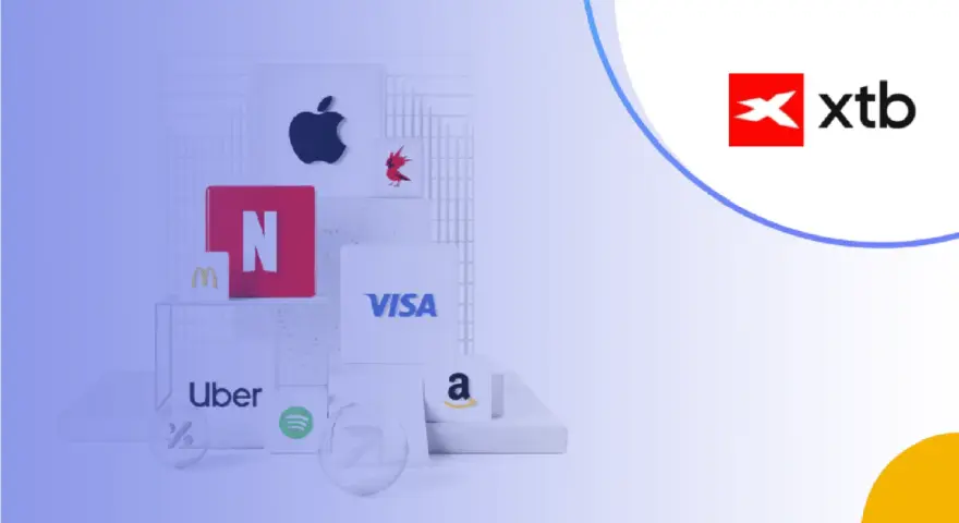 Logo XTB obok ikon znanych marek (Apple, Netflix, Visa, Amazon, Uber, McDonald's, Spotify). Unikaj xtb opłata za brak aktywności.