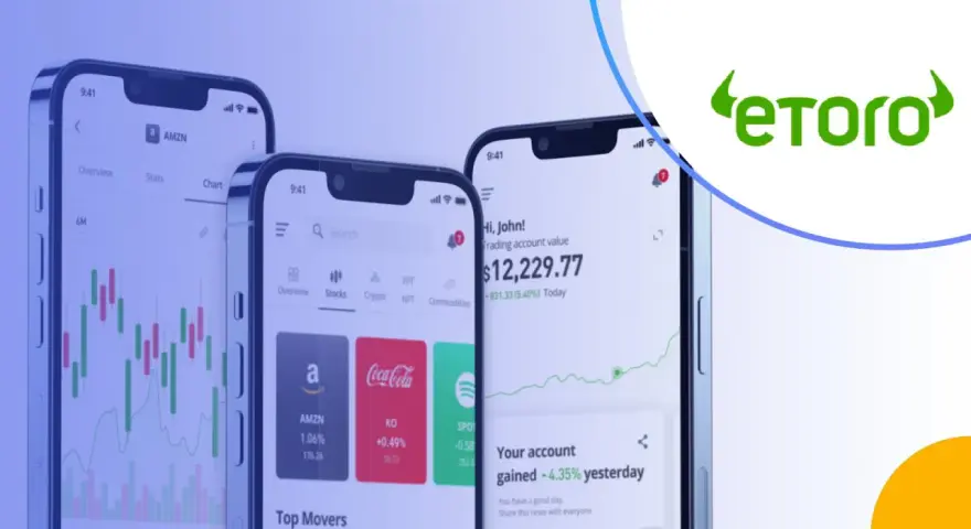 Trzy smartfony prezentujące aplikację eToro z wykresami giełdowymi i informacjami o inwestycjach. Sprawdź eToro opłaty przed rozpoczęciem handlu.