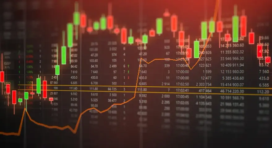 Wykres świecowy z widocznym wzorem Wyckoffa, analizujący ruchy cenowe na rynku finansowym.