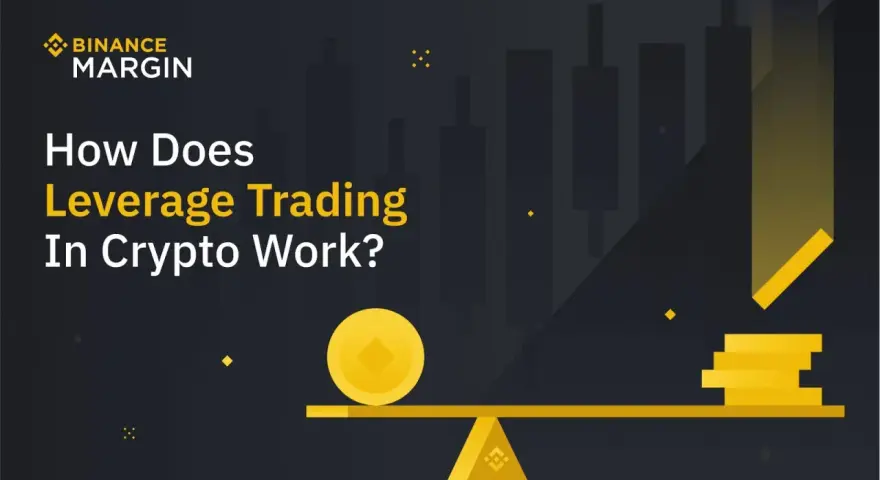 Binance dzwignia: grafika ilustrująca handel z dźwignią na kryptowalutach, z monetą na wadze i stosami monet.