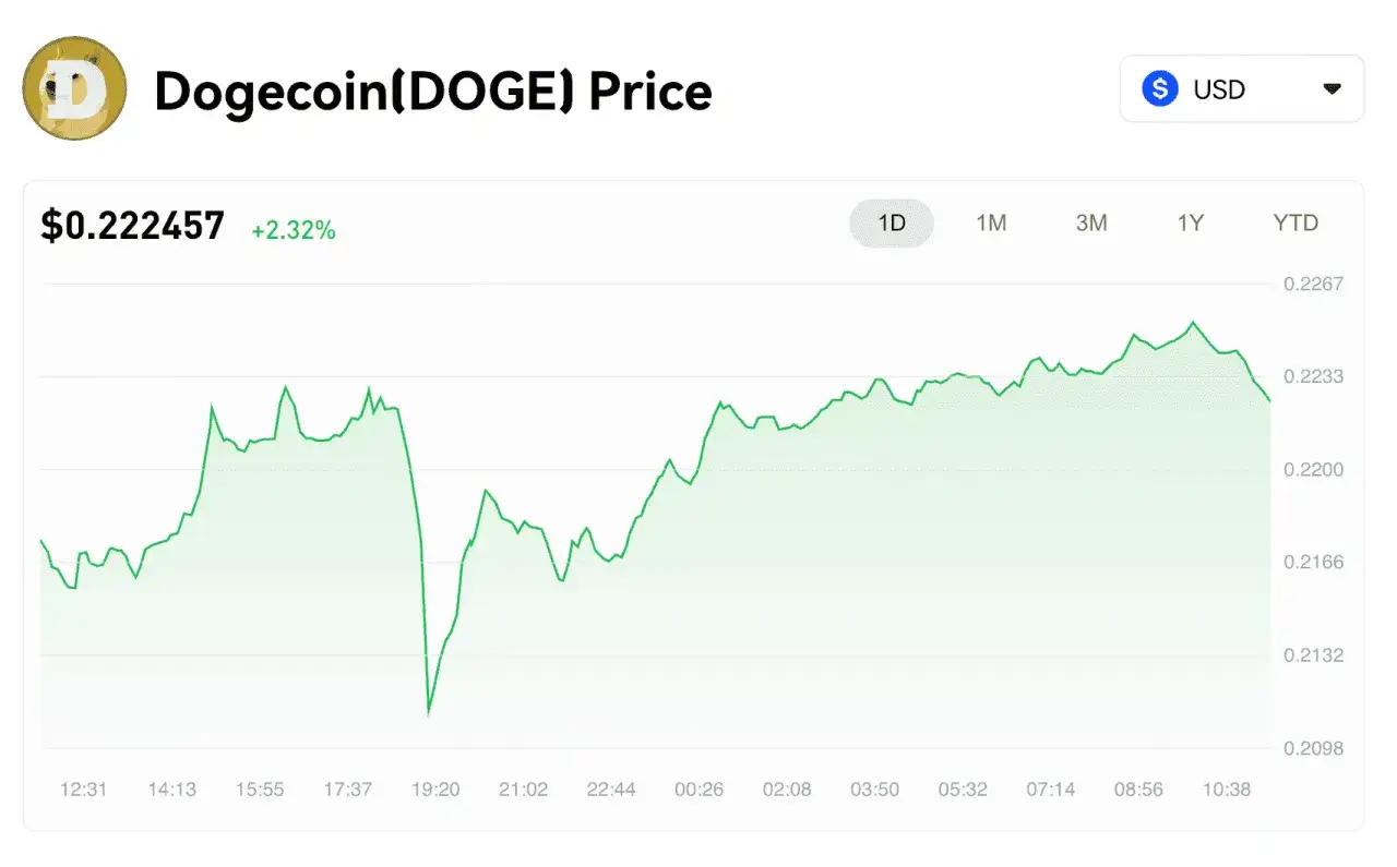Dogecoin wykres pokazuje wzrost ceny z $0.222457. Wahania kursu DOGE w ciągu dnia.