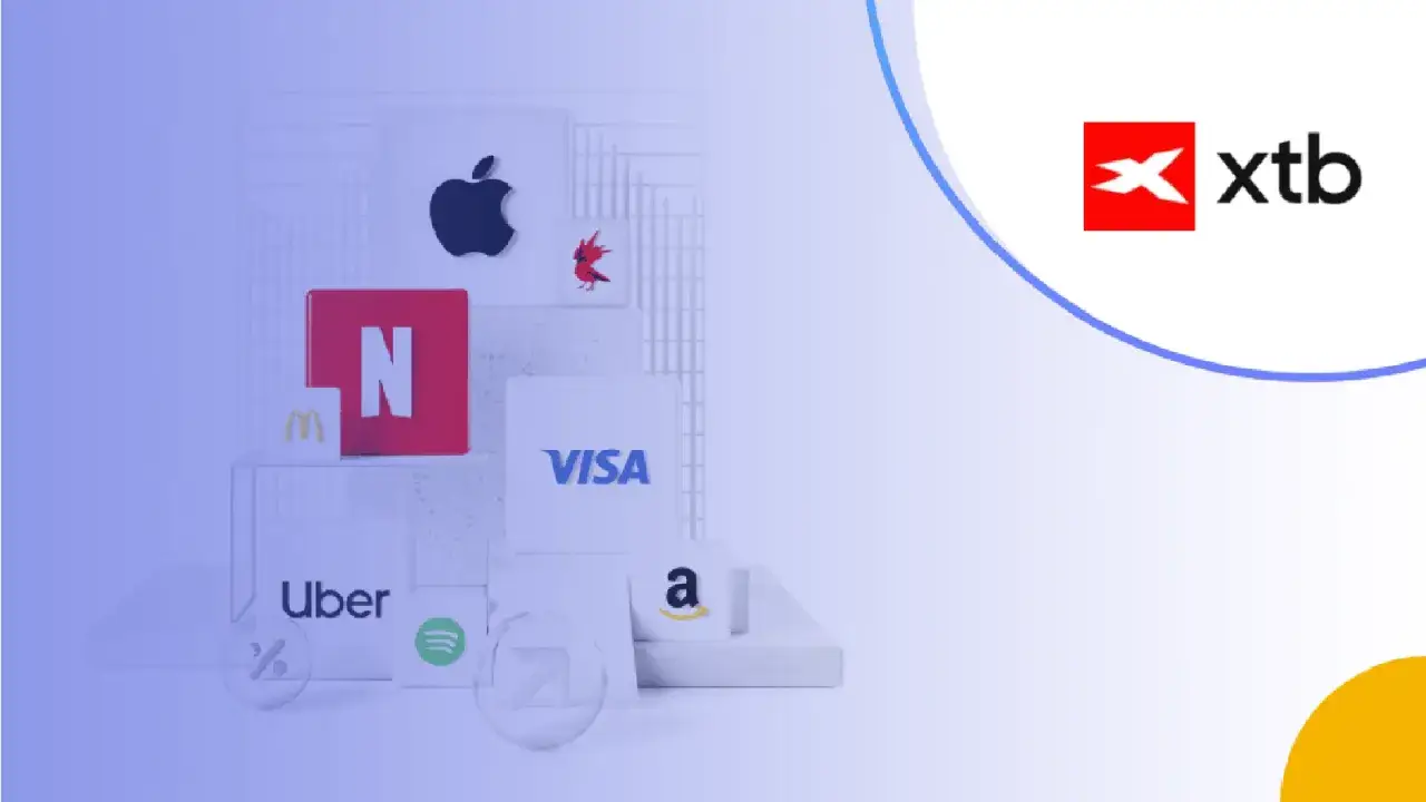 Logo XTB obok ikon znanych marek (Apple, Netflix, Visa, Amazon, Uber, McDonald's, Spotify). Unikaj xtb opłaty za brak aktywności.