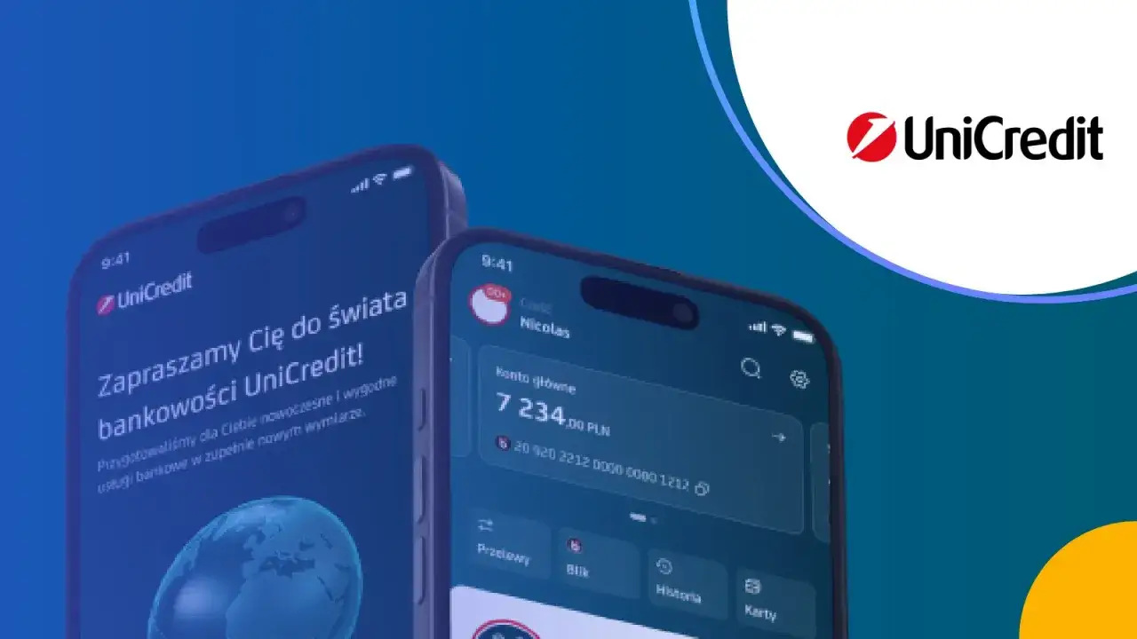 Dwa smartfony prezentujące aplikację UniCredit. Na jednym z ekran&oacute;w widnieje informacja o koncie oszczędnościowym.