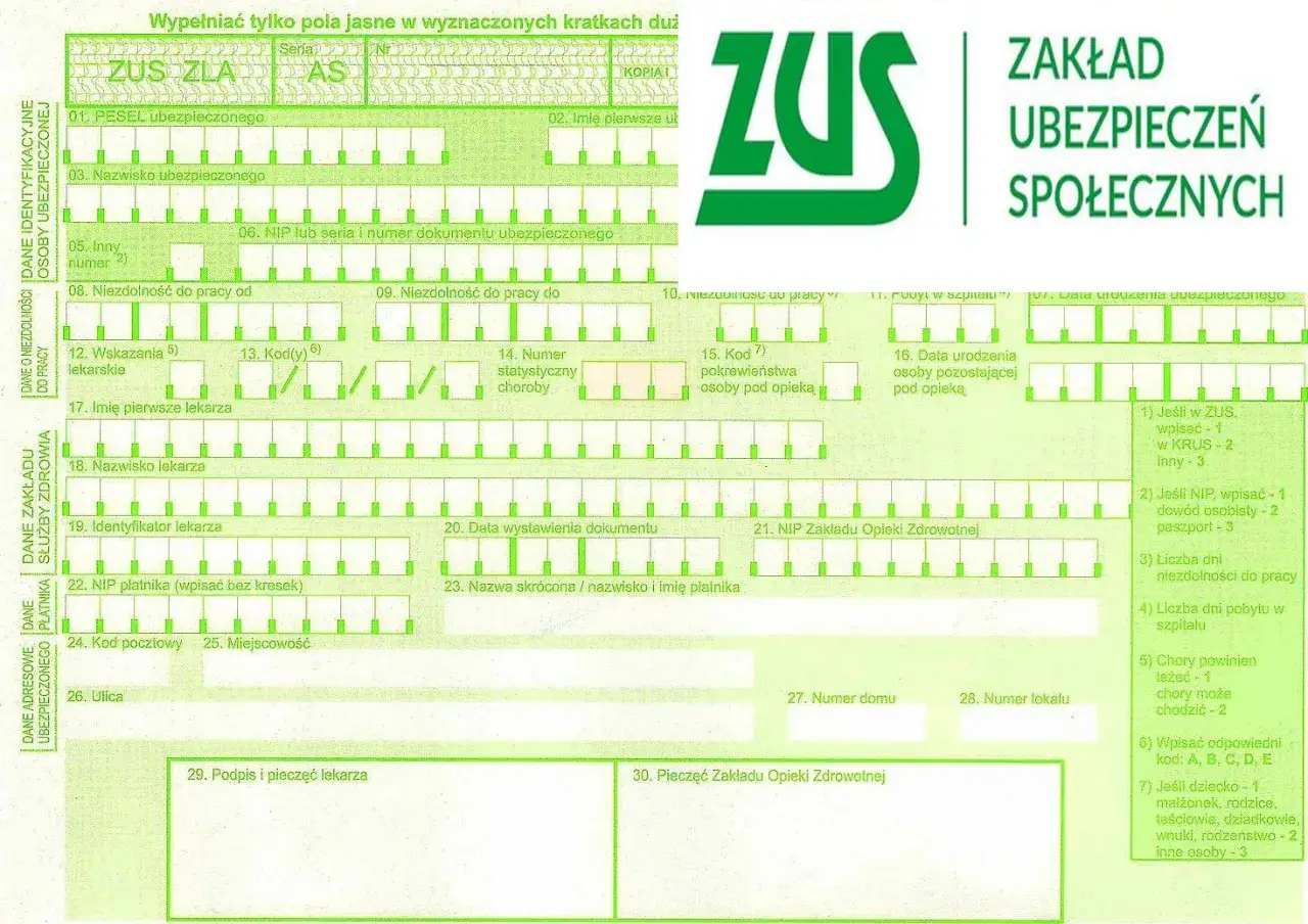 Formularz ZUS ZLA, czyli zwolnienie lekarskie a ZUS, z danymi ubezpieczonego i lekarza.