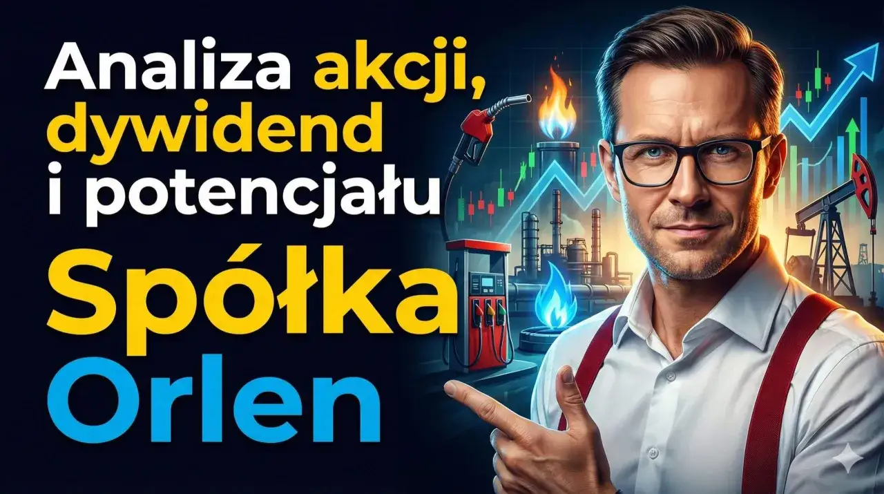 Analiza akcji, dywidend i potencjału sp&oacute;łki Orlen. Mężczyzna w okularach wskazuje na wykresy giełdowe i rafinerię.