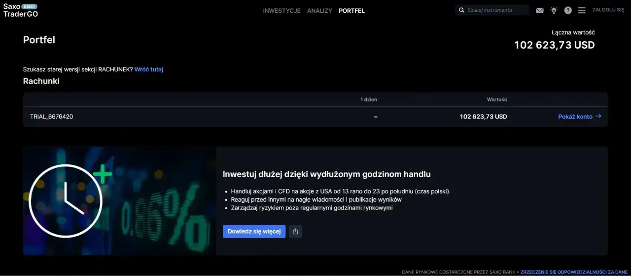 Portfel Saxo Bank Polska: 102 623,73 USD. Widok rachunku z możliwością inwestowania w akcje i CFD.