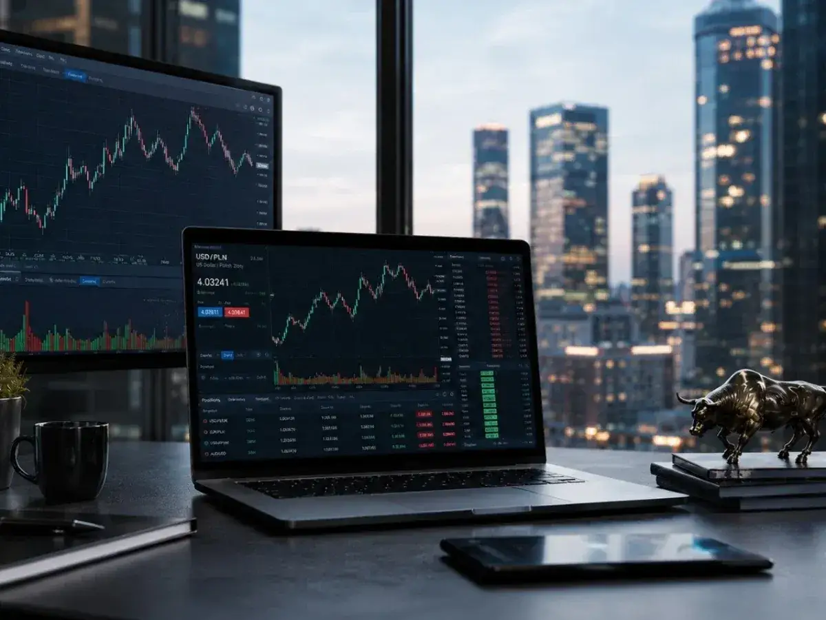 Biurko z laptopem i monitorem wyświetlającymi wykresy giełdowe. W tle nocna panorama miasta, symbolizująca dynamiczne vantage markets.