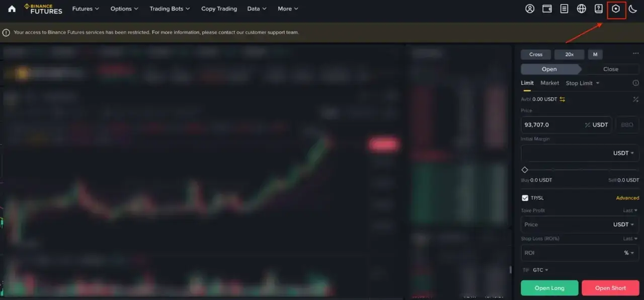 Interfejs Binance Futures z opcją ustawienia dźwigni 20x. Widoczny jest wykres i panel zleceń.