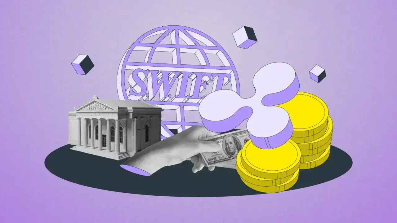 Ruchome budynki, stosy monet i symbol XRP obok napisu SWIFT. Najnowsze XRP wiadomości.
