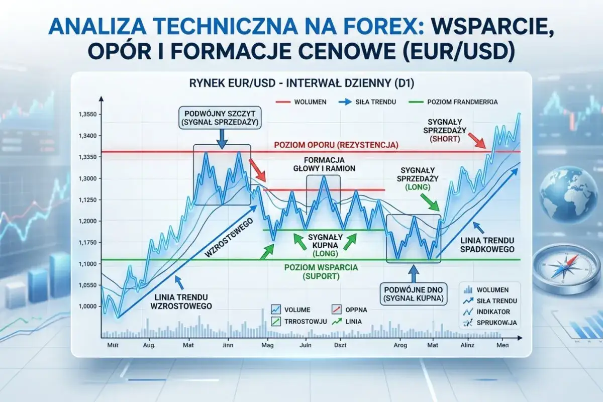 Wykres analizy technicznej EUR/USD z formacjami cenowymi, wsparciem i oporem. Pokazuje sygnały kupna i sprzedaży na rynku forex, idealny do analizy w tradingu.