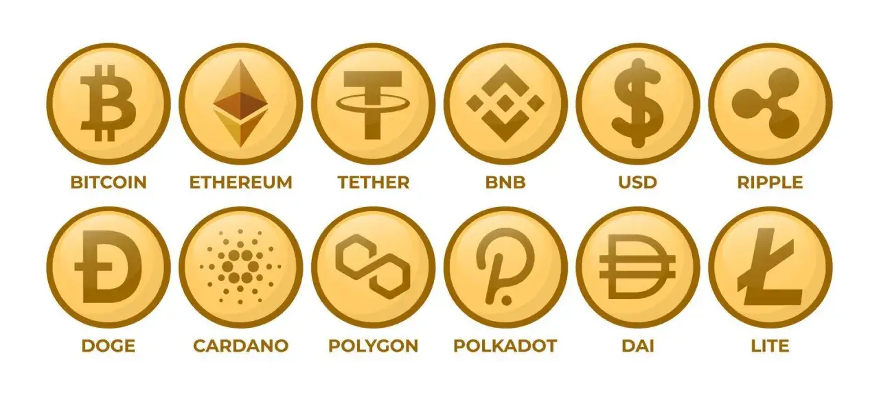 Ikony popularnych kryptowalut: Bitcoin, Ethereum, Tether, BNB, USD, Ripple, Doge, Cardano, Polygon, Polkadot, DAI, Lite.