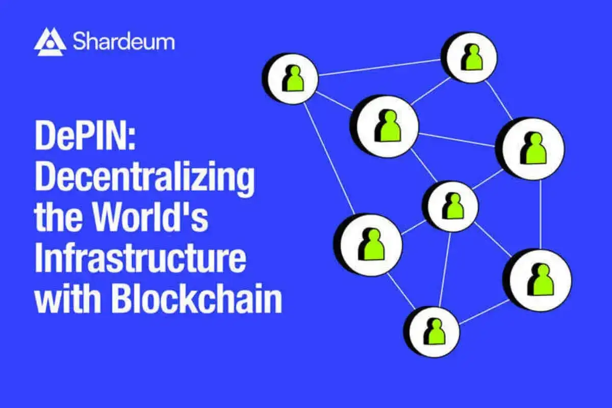 Grafika przedstawia schemat sieci połączonych węzł&oacute;w z ikonami ludzi, symbolizujący decentralizację infrastruktury (DePIN) dzięki technologii blockchain.