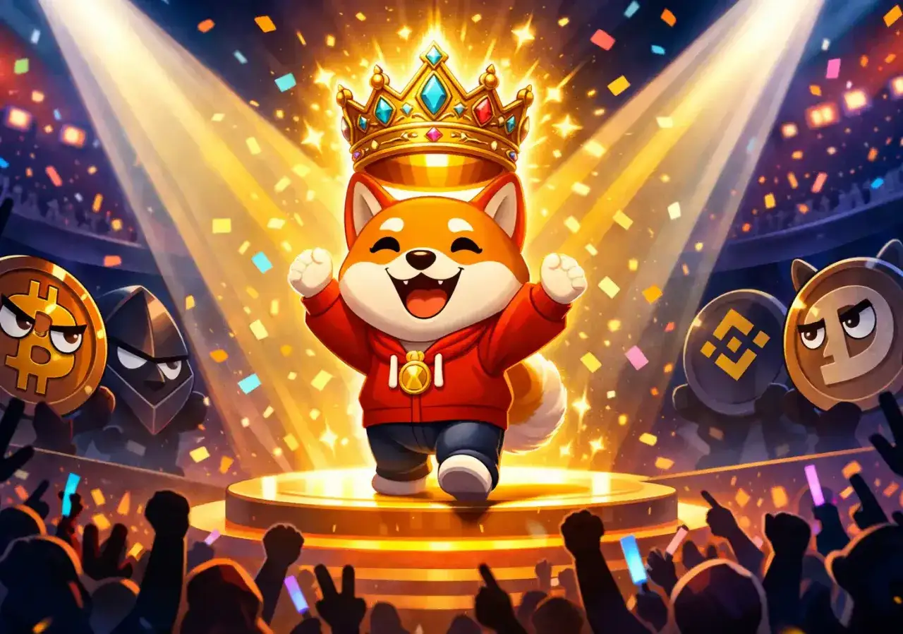 Shiba Inu Coin prognozy: Radosny piesek w koronie na podium, otoczony przez inne kryptowaluty i wiwatujący tłum.