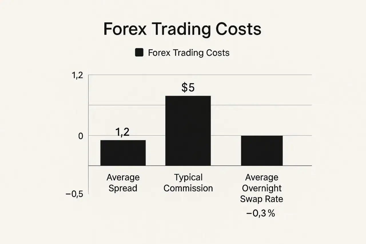 Wykres por&oacute;wnuje koszty handlu na Forex: średni spread 1,2, typowa prowizja 5 USD i średnie punkty swapowe XTB -0,3%.