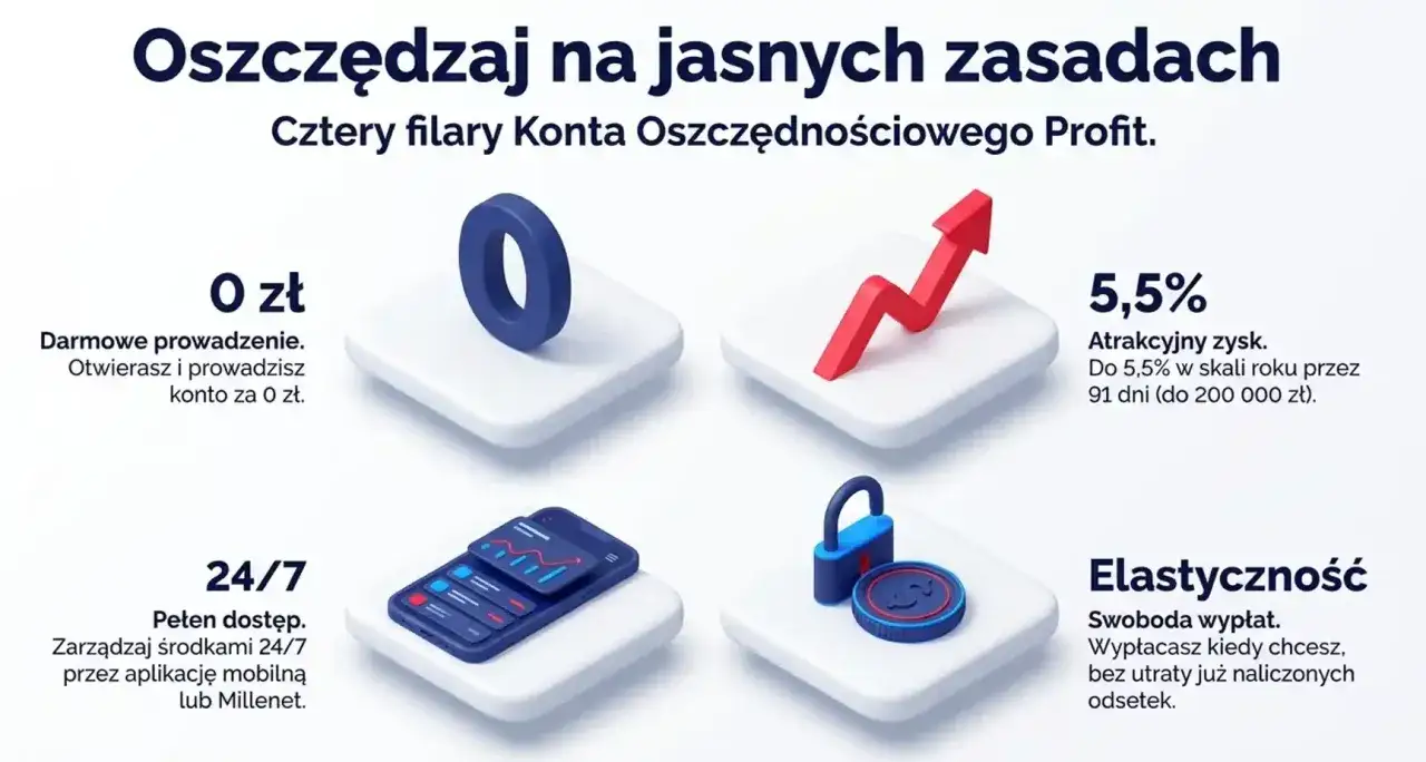 Konto oszczędnościowe Profit: 0 zł za prowadzenie, 5,5% oprocentowanie, dostęp 24/7 i elastyczność wypłat.