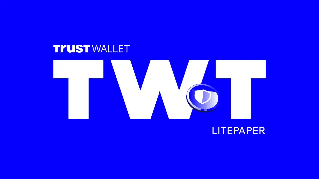 Trust Wallet TWT token z tarczą i napisem Litepaper na niebieskim tle.