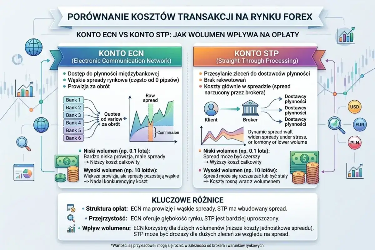 Por&oacute;wnanie kont ECN i STP na Forex. ECN oferuje wąskie xtb spread i prowizję, STP ma wbudowany spread.