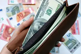 Dłoń trzyma brązowy portfel z banknotami dolarowymi. W tle widać rozrzucone euro. Czy warto kupować dolary?