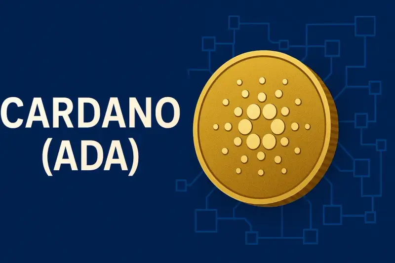 Złota moneta Cardano (ADA) na tle schematu sieci. Analiza Cardano USD.