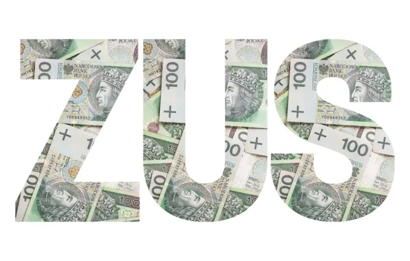 ZUS - ulga na start warunki. Polskie banknoty 100 zł tworzą napis ZUS, symbolizując finanse i wsparcie dla przedsiębiorców.