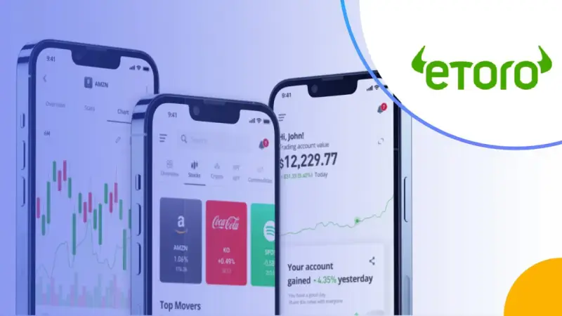 Trzy smartfony prezentujące aplikację eToro z wykresami giełdowymi i informacjami o inwestycjach. Sprawdź eToro opłaty przed rozpoczęciem handlu.